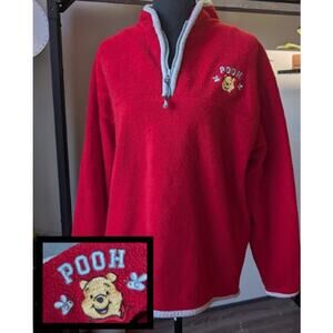 Embroidered Winnie The Pooh Disney Fleece Pullover Red Medium 90s Y2K Pooh Bear